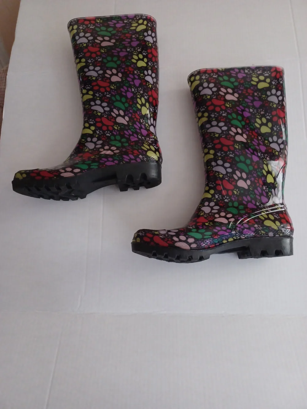 Women’s Black Rain Boots with Multicolor Paw Print Pattern